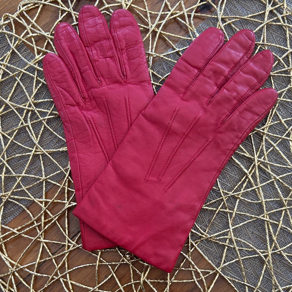 Vintage Red Leather Lined Gloves - Size 7